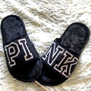 NWT PINK black velour slippers